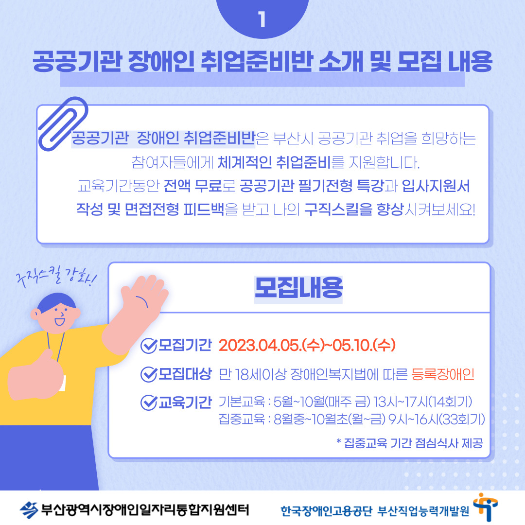 공공기관 장애인 취업준비반 카드뉴스 이미지 02 / 1 공공기관 장애인 취업준비반 소개 및 모집 내용 / '공공기관 장애인 취업준비반은 부산시 공공기관 취업을 희망하는 참여자들에게 체계적인 취업준비를 지원합니다. 교육기간동안 전액 무료로 공공기관 필기전형 특강과 입사지원서 작성 및 면접전형 피드백을 받고 나의 구직스킬을 향상시켜보세요! / 모집내용 / 모집기간 2023.04.05.(수)~05.10.(수) 모집대상 만 18세이상 장애인복지법에 따른 등록장애인 교육기간 기본교육 : 5월~10월(매주 금) 13시~17시(14회기) 집중교육 : 8월중~10월초(월~금) 9시~16시(33회기) / *집중교육 기간 점심식사 제공 / 부산광역시장애인일자리통합지원센터 한국장애인고용공단 부산직업능력개발원