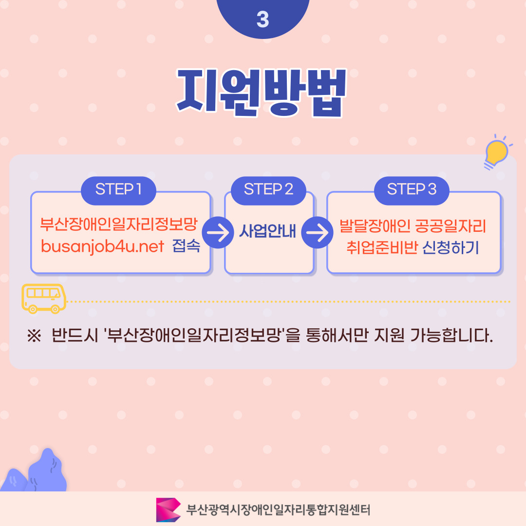 발달장애인 취업준비반 카드뉴스 1기 이미지 04 / 3 지원방법 / STEP 1 부산장애인일자리정보망 busanjob4u.net 접속 / STEP 2 사업안내 / STEP 3 발달장애인 공공일자리 취업준비반 신청하기 / ※ 반드시 '부산장애인일자리정보망'을 통해서만 지원 가능합니다. / 부산광역시장애인일자리통합지원센터