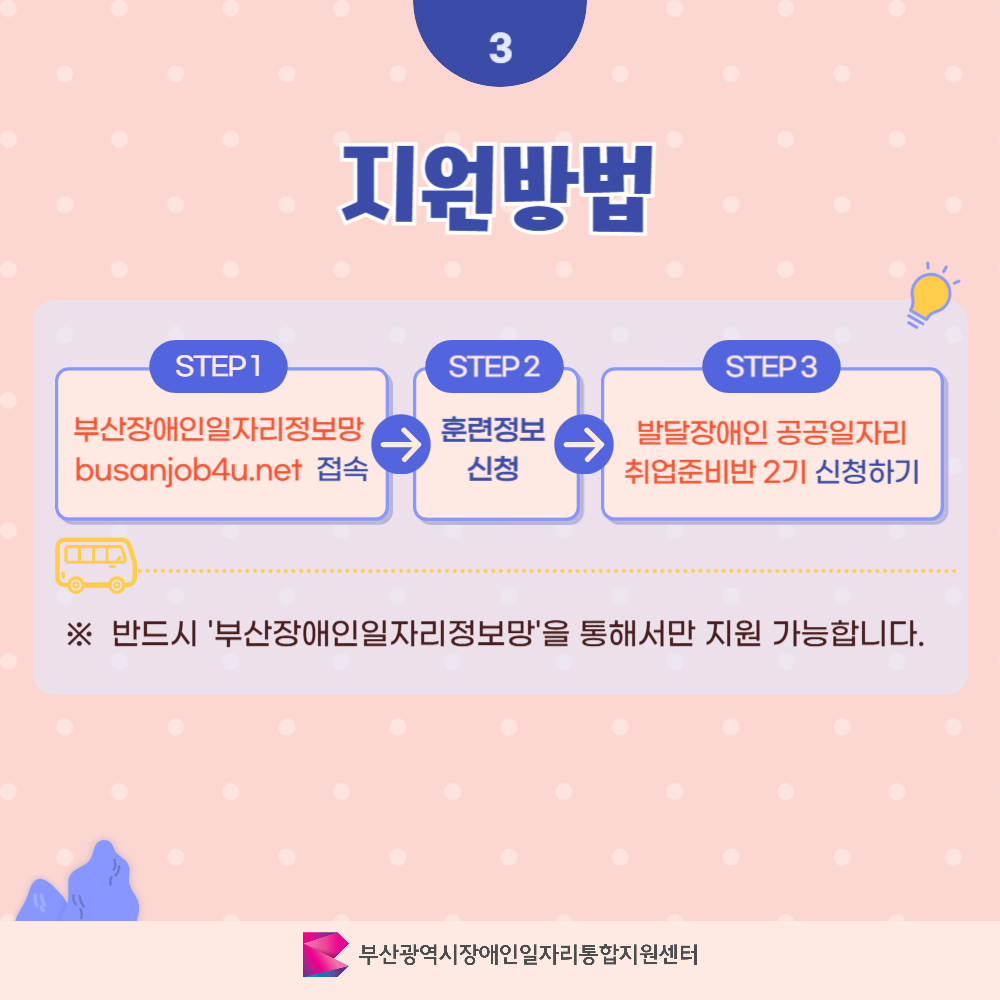 발달장애인 취업준비반 카드뉴스 2기 이미지 04 / 3 지원방법 / STEP 1 부산장애인일자리정보망 busanjob4u.net 접속 / STEP 2 훈련정보 신청 / STEP 3 발달장애인 공공일자리 취업준비반 2기 신청하기 / ※ 반드시 '부산장애인일자리정보망'을 통해서만 지원 가능합니다. / 부산광역시장애인일자리통합지원센터