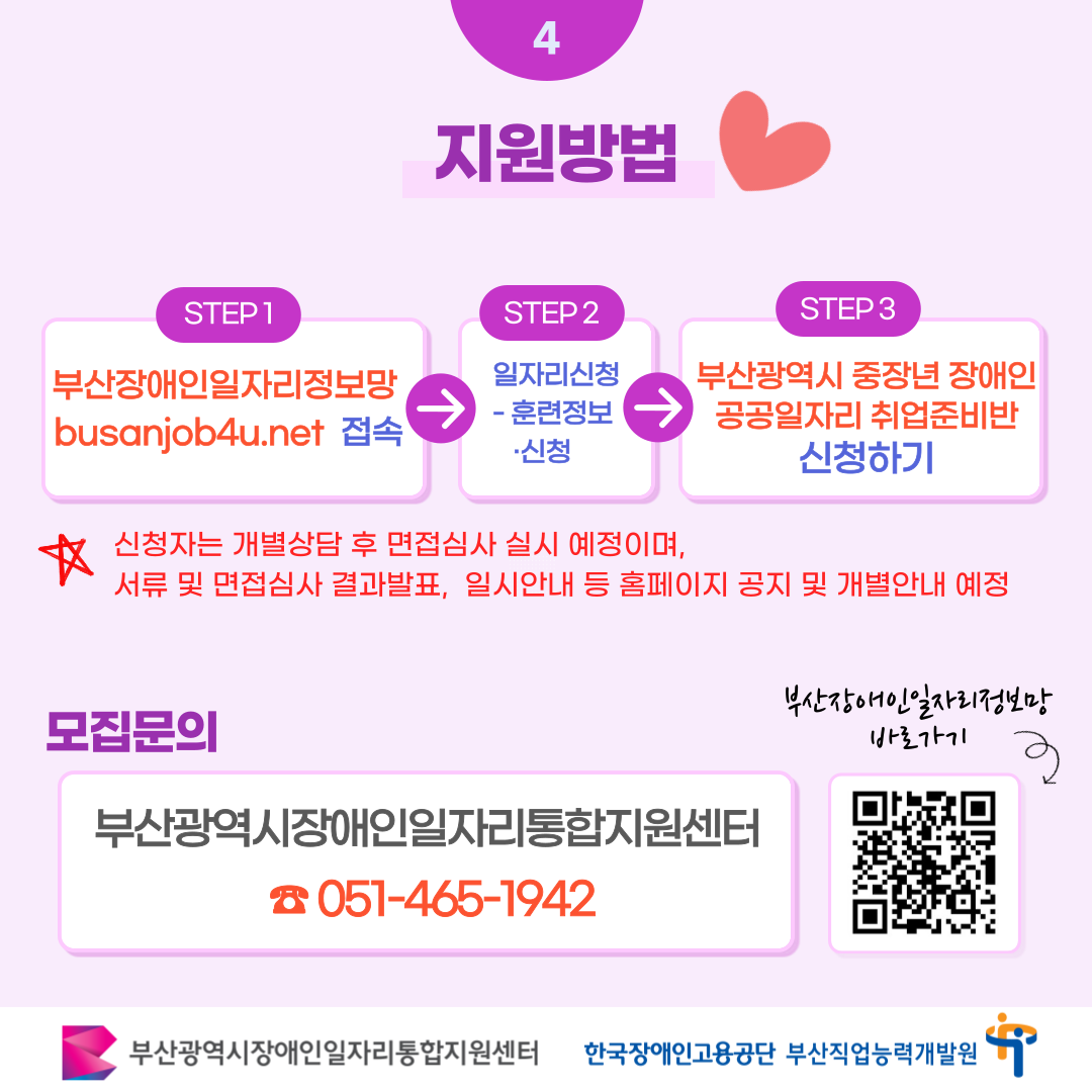 중장년 장애인 공공일자리 취업준비반 카드뉴스 이미지 05 / 4 지원방법 / STEP 1 부산장애인일자리정보망 busanjob4u.net 접속 / STEP 2 일자리신청 - 훈련정보 신청 / STEP 3 부산광역시 중장년 장애인 공공일자리 취업준비반 신청하기 / 신청자는 개별상담 후 면접심사 실시 예정이며, 서류 및 면접심사 결과발표, 일시안내 등 홈페이지 공지 및 개별안내 예정 / 모집문의 / 부산광역시장애인일자리통합지원센터 051-465-1942 / 부산장애인일자리정보망 바로가기 / 부산광역시장애인일자리통합지원센터 한국장애인고용공단 부산직업능력개발원